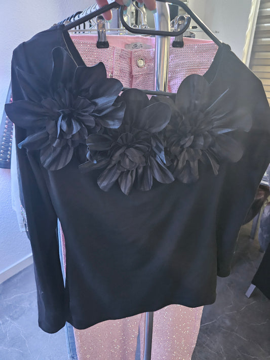 Blumen Langarm Schwarz